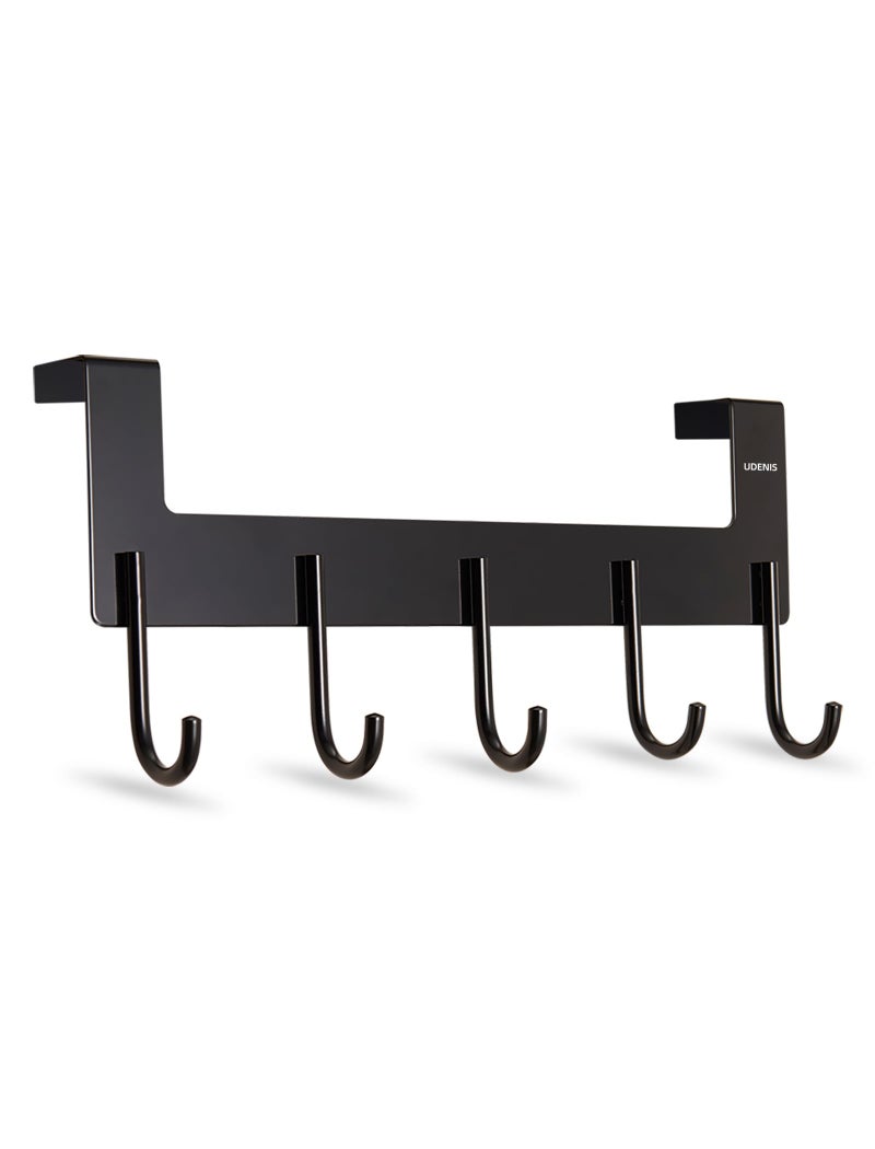 UDENIS Over The Door Towel Rack,Over The Door Hooks,Heavy Duty Aluminum Over The Door Hanger for Hanging Coat, Bag, Robe,Clothes,Towels,Hat - 5 Hooks, Brush Finish (Matte Black 1Pcs) - Image 1